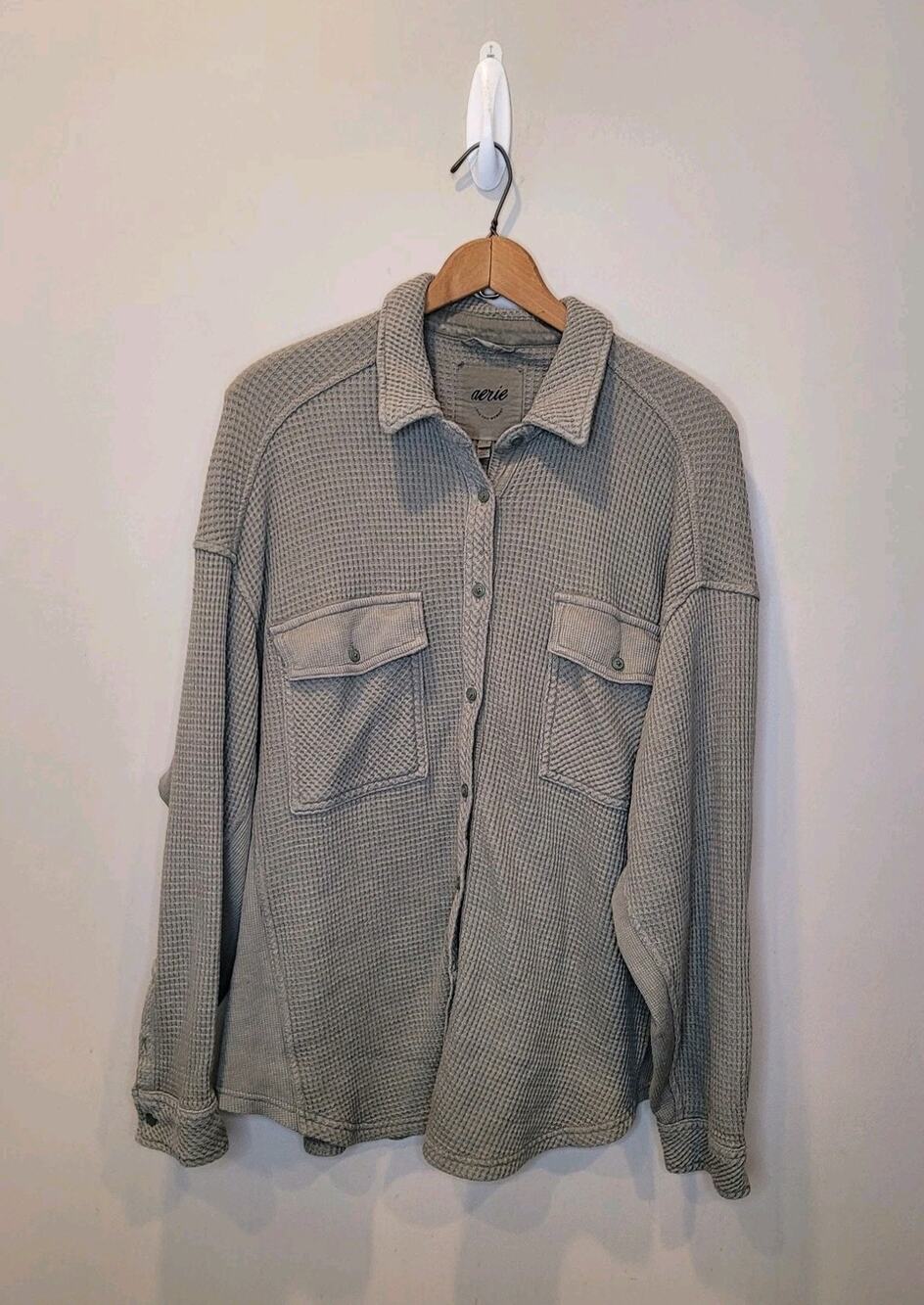 Aerie Green Lumberjane Waffle Print Long Sleeve Button Up Shirt Large Gorpcore